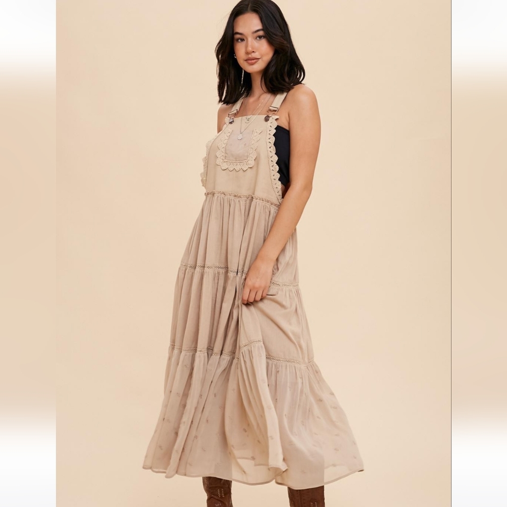 New Khaki Embroidered Skirtall Overall Jumper Midi Dress